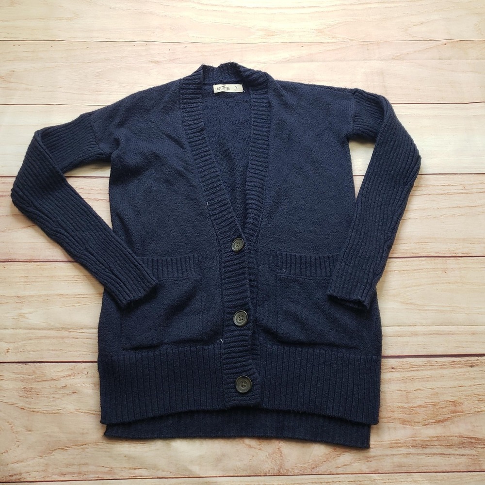 Hollister Sweater Womens S Blue Cardigan V-Neck‎ Button Pocket Chunky-Knit
